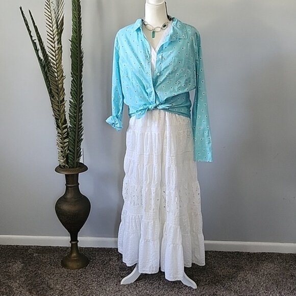 Roaman's Off White Eyelet and Knit Fully Lined Sleeveless Maxi Dress - Picture 3 of 15